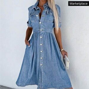 BRAND NEW SHEIN Blue Denim Midi Dress with Buttons and Pockets